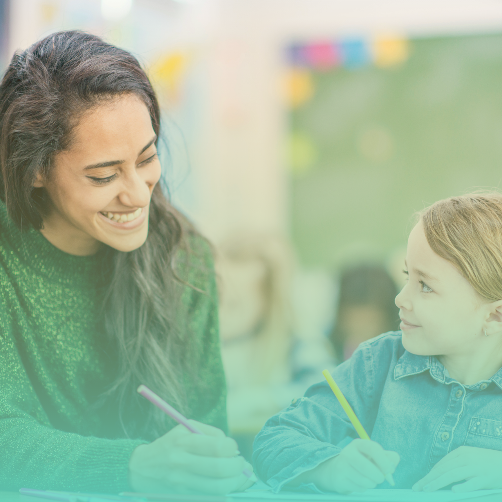 Teacher with young student green burn